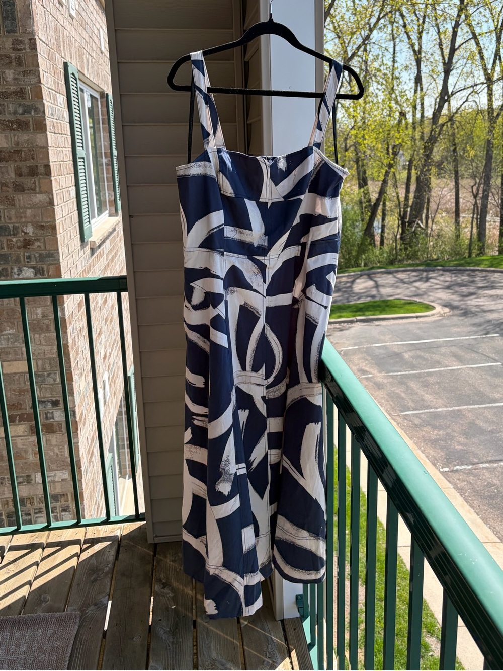 🆕🫐Donna Karan New York Abstract Print Midi Dress Navy White Fit & Flare Size 14 - Picture 3 of 17
